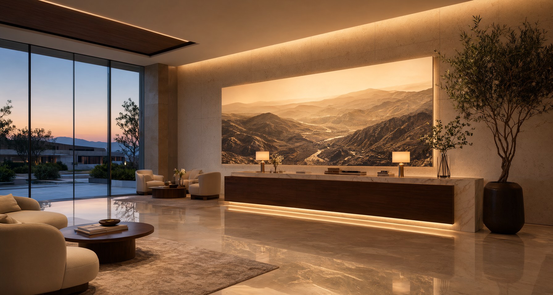 Large display screen in a hotel lobby at dusk.
