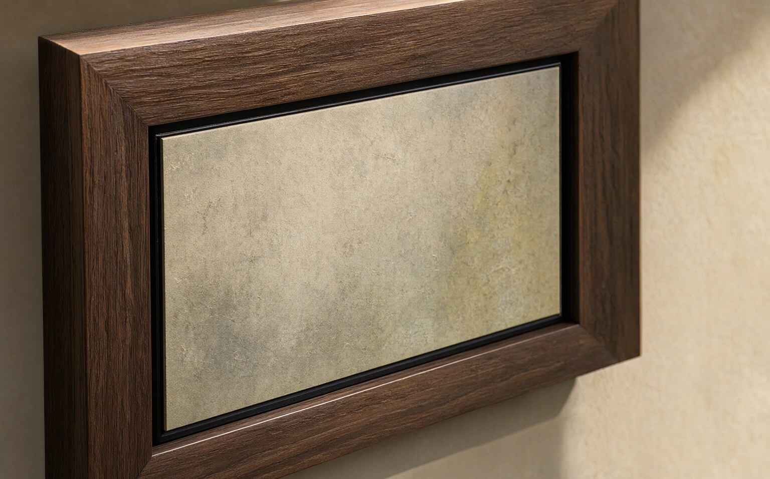 Close-up of the mitred wood frame and anti-glare panel.